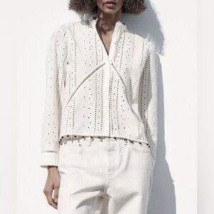 ZARA Beaded Eyelet Cotton Blouse Top Shirt White Size XL